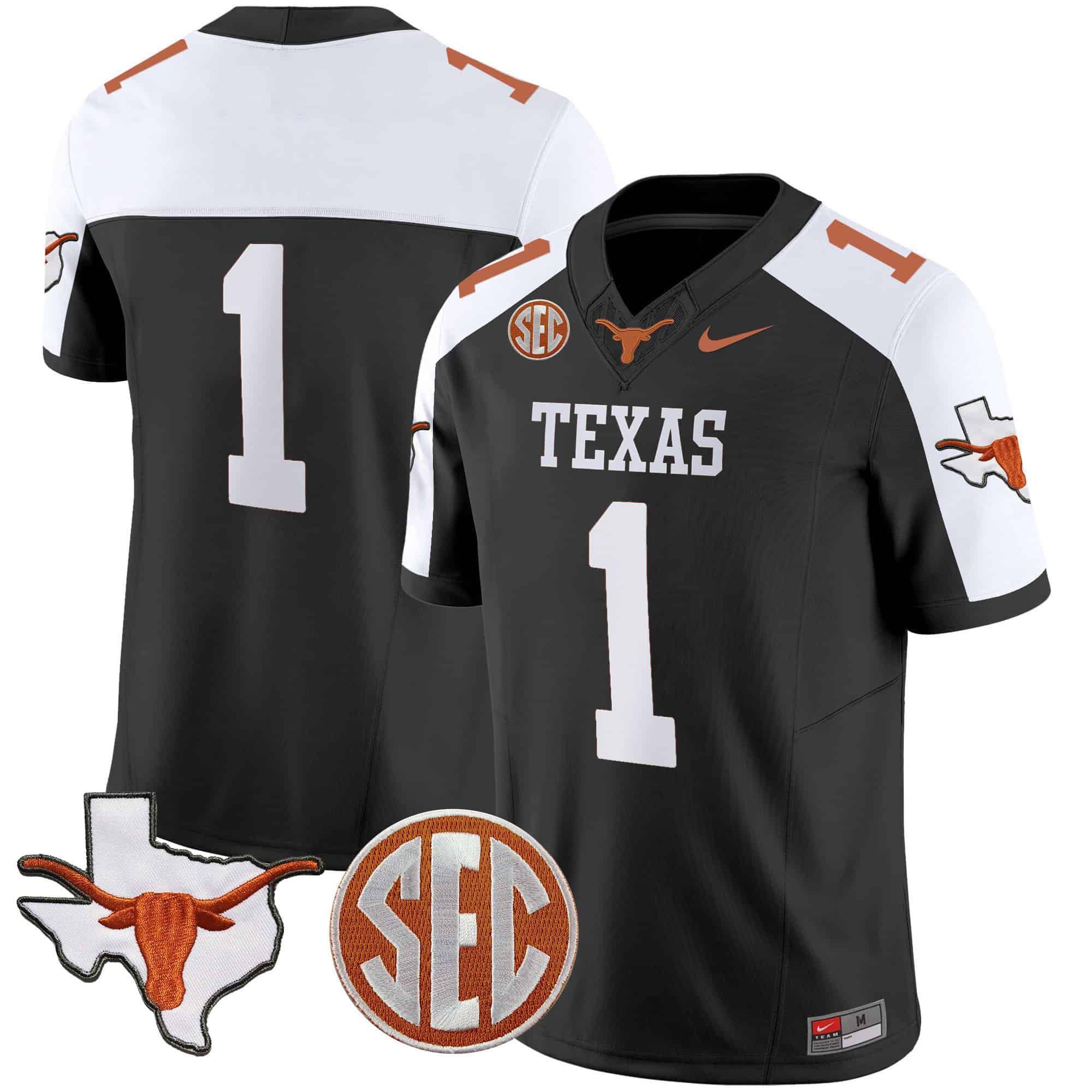 Men Texas Longhorns #1 No Name Black 2024 Nike State Map & SEC Patch Vapor NCAA Jersey